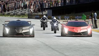 Kawasaki Ninja H2R Supercharged vs Kawasaki Ninja H2 Black Carbon vs Lamborghini Veneno at Old SPA [upl. by Evangelina653]