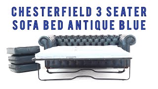 Chesterfield Classic 3 Seater Sofa Bed Antique Blue Real Leather [upl. by Devinna]