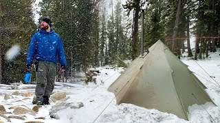 Hot Tent Camping in a Snow Storm  Wood Stove Beef Stroganoff [upl. by Namijneb]