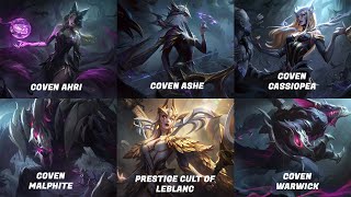 New Skins Preview  Coven Ashe Ahri Cassiopea Malphite Warwick and The Prestige Cult of LeBlanc [upl. by Anaiviv]