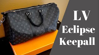 Louis Vuitton ECLIPSE Keepall Bandouliere Review  Unboxing  Try On 45 Monogram  Virgil Abloh [upl. by Ayvid981]