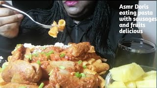 asmr Doris eating pasta with sausages and fruits delicious [upl. by Eneluj556]