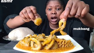 ASMR MUKBANG COCOYAM SOUP WITH COW INTESTINELIVERKIDNEYSHAKI AND OATMEAL FUFU AFRICA FOOD [upl. by Greiner792]