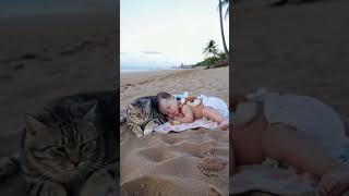 Baby and cat playing on the beach [upl. by Ellsworth]