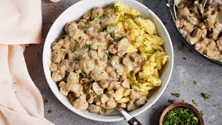 Vegan quotGeschnetzeltesquot with Creamy Mushroom Sauce super yummy [upl. by Pulchia416]