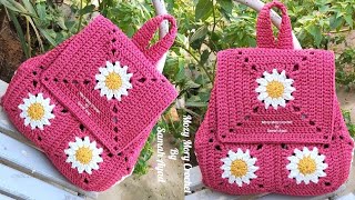 كروشيه حقيبة ظهر الأكثر طلبا ترند 2024زهرة الأقحوانمربع الجرانىفكره crochet backpackcrochet bag [upl. by Ardnaiek]