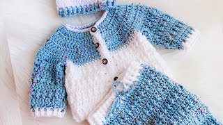 Ajuar de Bebes Con Crochet Chaquetita Chambrita Sueter Cardigan SUPER FACIL Tejido con Ganchillo [upl. by Ynittirb]