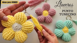 Llaveros Tejidos para VENDER Flor con punto TunecinoTutorial paso a paso [upl. by Sumahs]