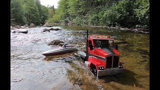 Rc boat launch proboat jet river 23scale truck 6x6 adventure [upl. by Teria855]