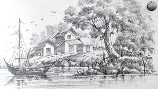 How to draw Boat at lake  Village landscape scenery  step by step [upl. by Cyma]