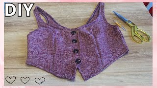 Tutorial de Colete Cropped com Botões sem Revel Tecido Tweed [upl. by Frayne]