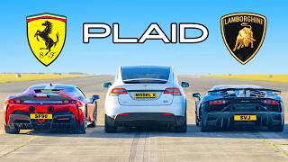 Tesla Model X PLAID v Ferrari SF90 v Lambo SVJ DRAG RACE [upl. by Gervais411]