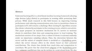 Incentive Mechanism for Federated Learning With Random Client Selection [upl. by Etyak23]