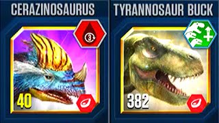 CERAZINOSAURUS VS TYRANNOSAUR BUCK  JURASSIC WORLD THE GAME [upl. by Anirrok]