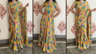 Ready to wear GownSaree tutorial easy cutting and stitching Trendy dress by Sandhya Tutorial [upl. by Elvina156]