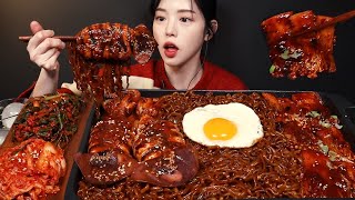 SUB꾸덕촉촉 짜파게티에 매운 마라오징어 팽이버섯 넣어서 먹방 파김치 겉절이까지 짜장라면 꿀조합 리얼사운드 Mala Chapagetti Mukbang Asmr [upl. by Dahs964]