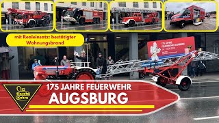 175 Jahre Feuerwehr Augsburg  Jubiläumsumzug  viel Blaulicht  Einsatzfahrt Löschzug neues E KLAF [upl. by Hannon]