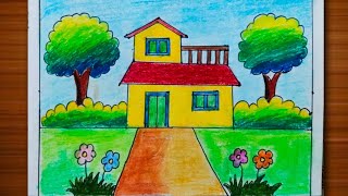 How to Draw an easy House Scenery with Oil Pastel  Easy My House Drawing for Beginners [upl. by Jacobs]