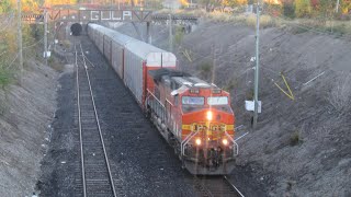 Solo BNSF AC44 leader BNSF 5708 leads CPKC 734 out of the tunnel [upl. by Aicetel]