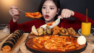 SUB신전떡볶이 먹방  치즈떡볶이 김말이 오징어튀김 닭껍질튀김 신전치즈김밥까지 리얼사운드 cheese tteokbokki gimbap mukbang ASMR [upl. by Cailean]