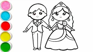 Cute Bride amp Groom Drawing Painting Colouring for kids Toddlers  How to draw Bride amp Groom easy [upl. by Abott948]