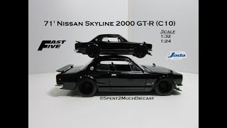 Brians 71 Nissan Skyline 2000 GTR C10 By Jada Metals Diecast Fast And Furious 124 132 [upl. by Maryanne]