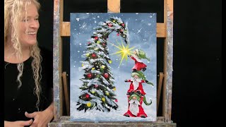 CHRISTMAS TREE GNOMES Learn How to Draw and Paint with Acrylics Easy Fun Paint and Sip at Home [upl. by Mylor724]