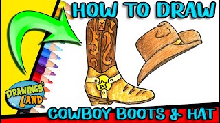 How to DRAW COWBOY HAT AND BOOTS Easy Step by Step [upl. by Lopez]