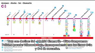 Megafonía de la línea C3 de Cercanías Madrid Aranjuez  Chamartín Clara Campoamor [upl. by Filiano]