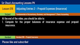 Lesson 018  Adjusting Entries 2 Prepaid Expenses Insurance [upl. by Melba]