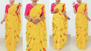 গায়ে হলুদ শাড়ী পরার নিউ স্টাইল  yellow jamdani saree draping  bridal saree draping [upl. by Eisdnil]