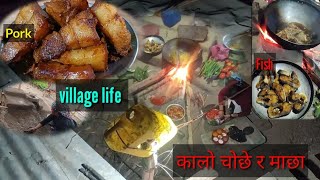 pork recipe amp fish fry मज्जाआयो 😯villagecooking villagelifecooking [upl. by Moriah]