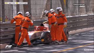 FIA F2 Monaco 2018 Race1 Start Ghiotto Hits Wall [upl. by Atteloiv175]