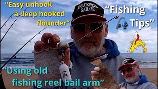 🎣 How to easily unhook a deep hooked flounder using an old fishing reel bail arm 🎣 [upl. by Joan861]