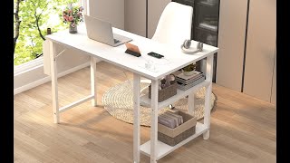 Lufeiya White L Shaped Computer Desk with Power Outlet Shelves [upl. by Gilberte]