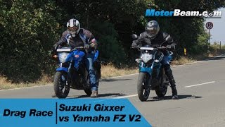 Suzuki Gixxer vs Yamaha FZ V2  Drag Race  MotorBeam [upl. by Neelloc]