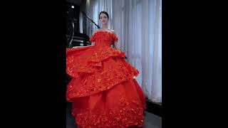 Red 3D flower off shoulder wedding dress layered gown eveningdress weddingdress weddingday [upl. by Aidni]