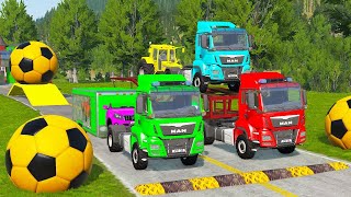 Double Flatbed Trailer Truck vs Speedbumps Train vs Cars Tractor vs Train BeamngDrive [upl. by Gay]