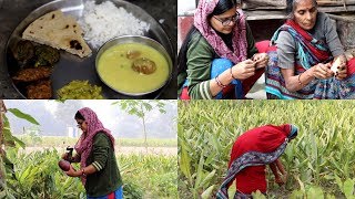 Village style pakoda kadhi  Kele ke phool ke pakode  Arbi patta Patra  INDIAN LUNCH ROUTINE [upl. by Copland]