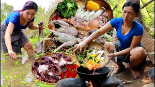 Cooking wild duck spicy with water spinach for tasty Ovary egg so deliciousCook arm octopus curry [upl. by Asilet956]