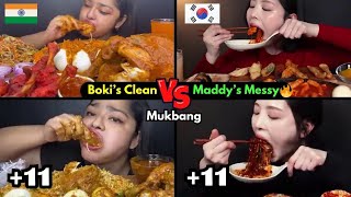 Big Bite Battle🔥Boki’s Korean Clean vs Maddy’s Messy Delights Korean VS Indian Mukbang Compilation [upl. by Ahseenal71]