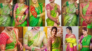 Green silk saree with contrast blouse  Pattu saree contrast blouse designs  Matching blouse design [upl. by Laval]