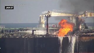 Oil tanker hit by Houthi missile catches fire in Red Sea [upl. by Etem]