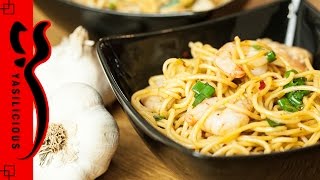 Blitzrezept BUTTER KNOBLAUCH NUDELN Garlic Butter Noodles mit Garnelen – schnell amp lecker [upl. by Phene]