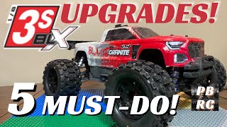 ARRMA 3S UPGRADES  5 MUSTDO UPGRADES FOR ARRMA GRANITE AND BIGROCK 3S BLX [upl. by Erelia741]