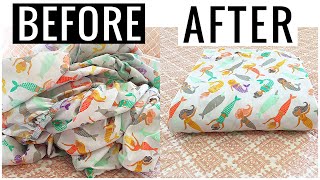 Marie Kondo HOW TO FOLD A FITTED SHEET Easy amp Fast  Andrea Jean [upl. by Chuah]