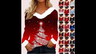 Merry Christmas Sweatshirts Women Christmas Faux Fur Trim V Neck Sweaters Casual Loose Xmas Long Sle [upl. by Nahsez]