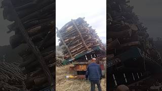 The process of tipping over and unloading wood from a dump truck [upl. by Cirtap]