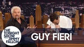 Guy Fieri Shows Jimmy His BunCradling BurgerEating Technique [upl. by Nneb]