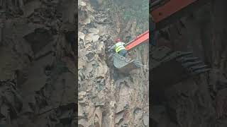 A worker on the bucket of a crawler excavator pulls something out of a rock with the bucket [upl. by Veriee]